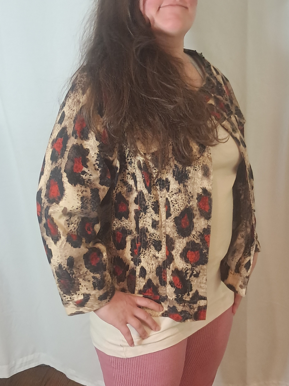 Ruby Rd. Leopard Print Open Jacket in Beige, Black and Red
